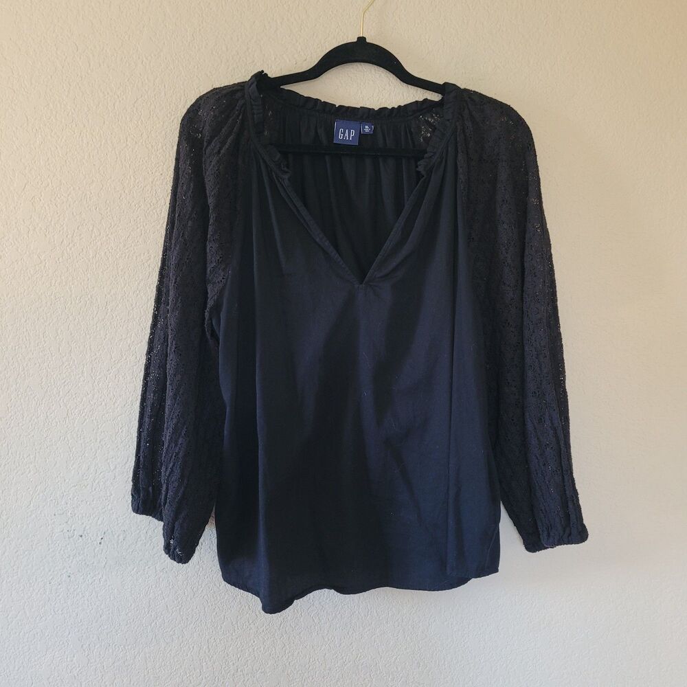 Gap Women Xl Black Boho Peasant Top Sheer Floral Crochet Lace Long Sleeve V Neck